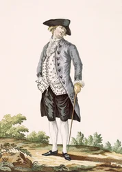 Gentiluomo in abito grigio da passeggio, inciso da Voysard, tavola n.162 da 